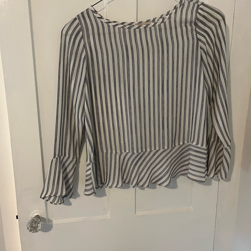 Nwot Loft White And Black Striped Ruffle Blouse